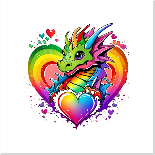 Adorable Dragon's Rainbow Heart Burst Tee Wall Art by trubble